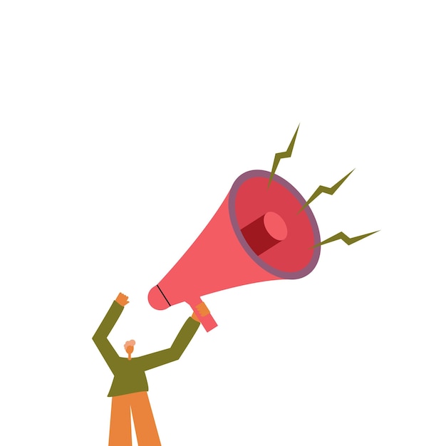 Vector man standing drawing holding loud megaphone raising hand with thumb sign mark gentleman stands on large phone holds bullhorn device different mobile messaging symbols