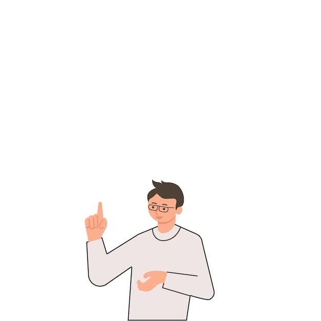 Мужчина стоит рисунок, держа ладонь согнуть, указывая указательным пальцем вверх джентльмен дизайн предоставление новой информации во время разговора