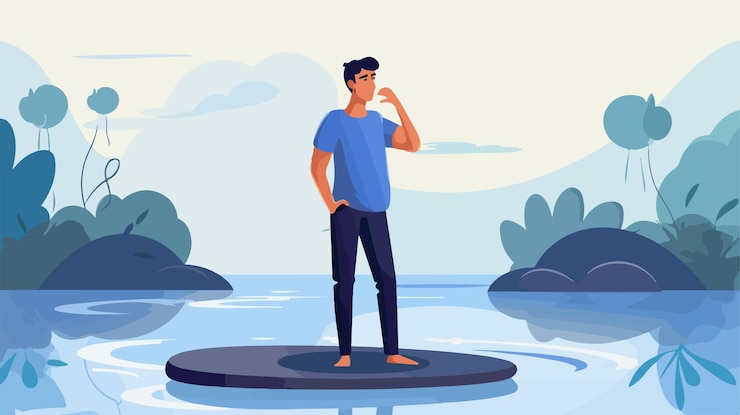 Vector a man standing on a floating platform in a cartoon style