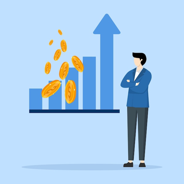 A man standing in front of a chart showing a graph Revenue growth achieving success increasing