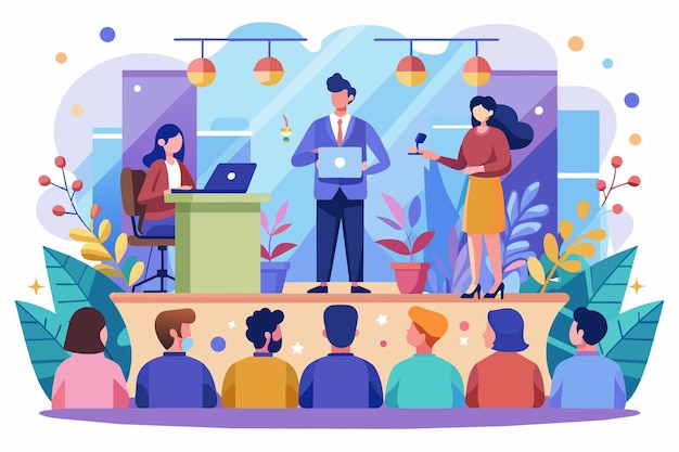 Vector a man standing in front of a group of individuals speaking passionately during a conference illustrate the concept of tokenization in blockchain ecosystems