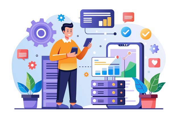 man standing in front of large data stack a man maintenance big data applications via smartphone data processing software database management simple and minimalist flat vector illustration