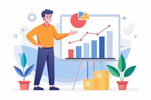 Vector a man standing in front of a whiteboard with a graph explaining growth data analysis men present growth data analysis simple and minimalist flat vector illustration