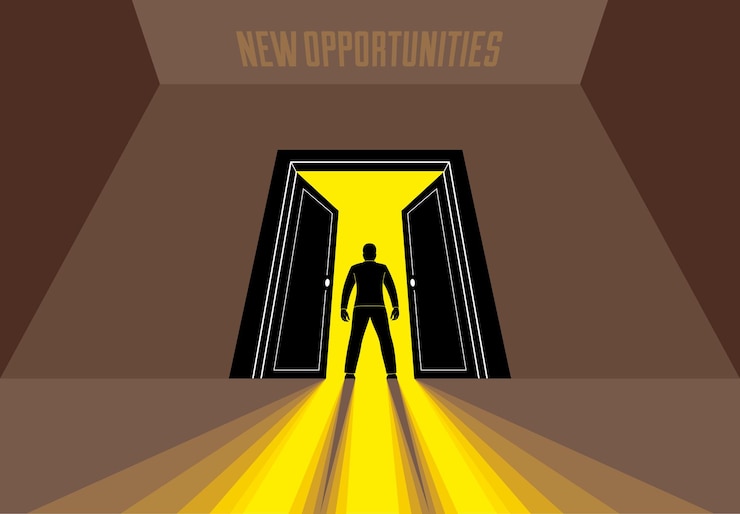 Vector man standing in half open big door hesitating to step in vector concept of new opportunities step into future metaphor debt decision to go to future
