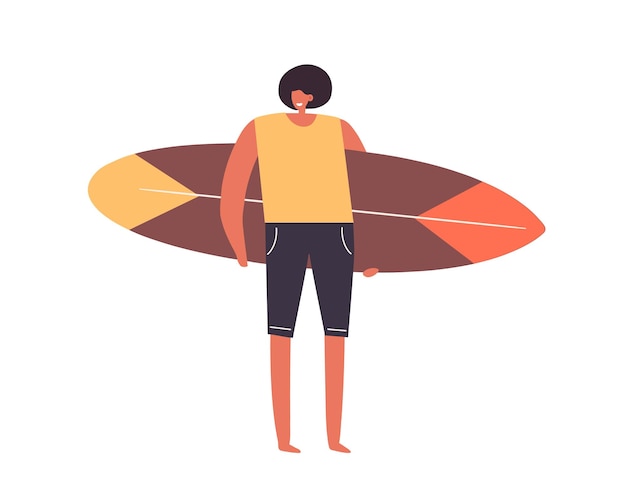 Vector man standing and holding surfboard