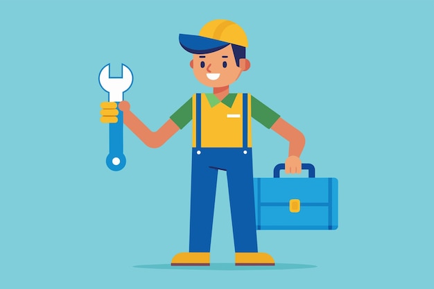 A man standing holding a wrench in one hand and a briefcase in the other A man holds a wrench in his hand and a tool box Simple and minimalist flat Vector Illustration