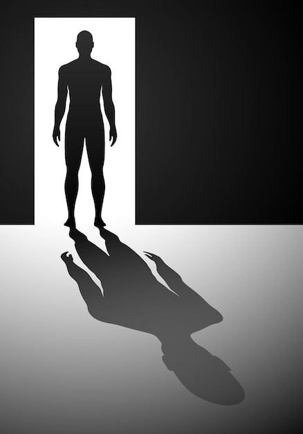 Вектор Человек, стоящий в яркой открытой двери, роняет большую тень на векторную иллюстрацию концепции пола