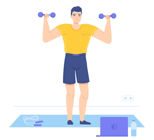 Vector man standing on mat lifting dumbells during watching education video in flat style
