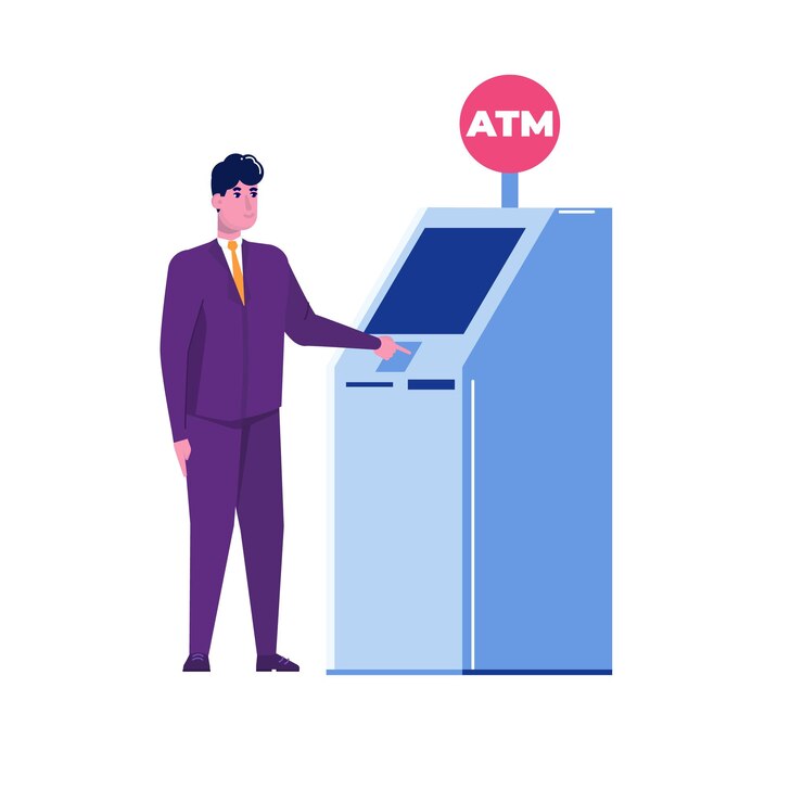 Vector man standing near atm machine.vector flat style illustration.