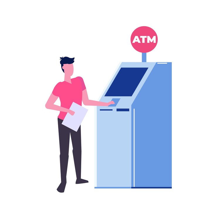 Vector man standing near atm machine.vector flat style illustration.