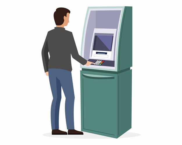 ATM 기계 근처에 서서 ATM에서 현금을 인출하는 남자