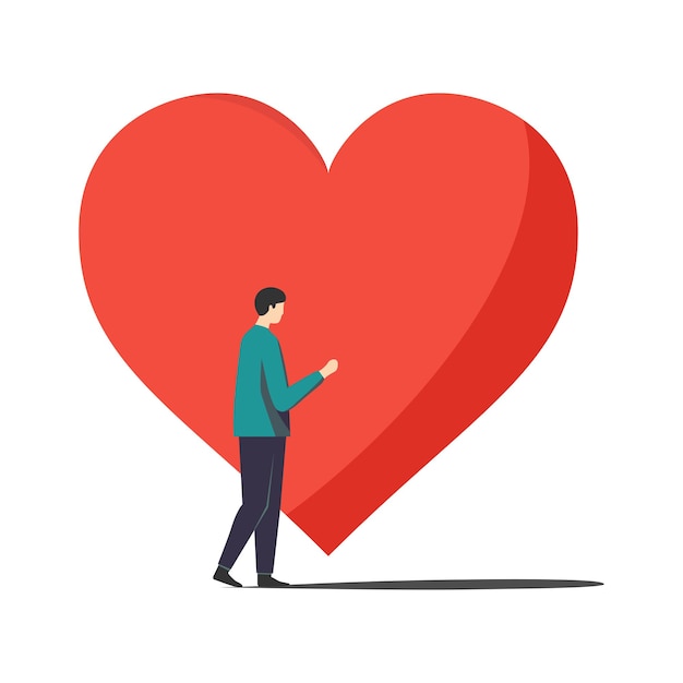 Man standing near big red heart Valentines day symbol Happy valentines day gift card care support Flat design Vector illustration