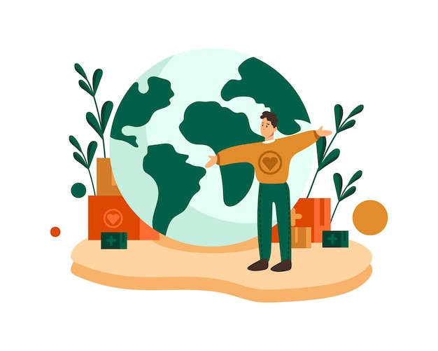 Man standing near globe taking care of planet active diverse volunteer doing social charity activities to protect earth saving planet together vector flat design in green and orange colors