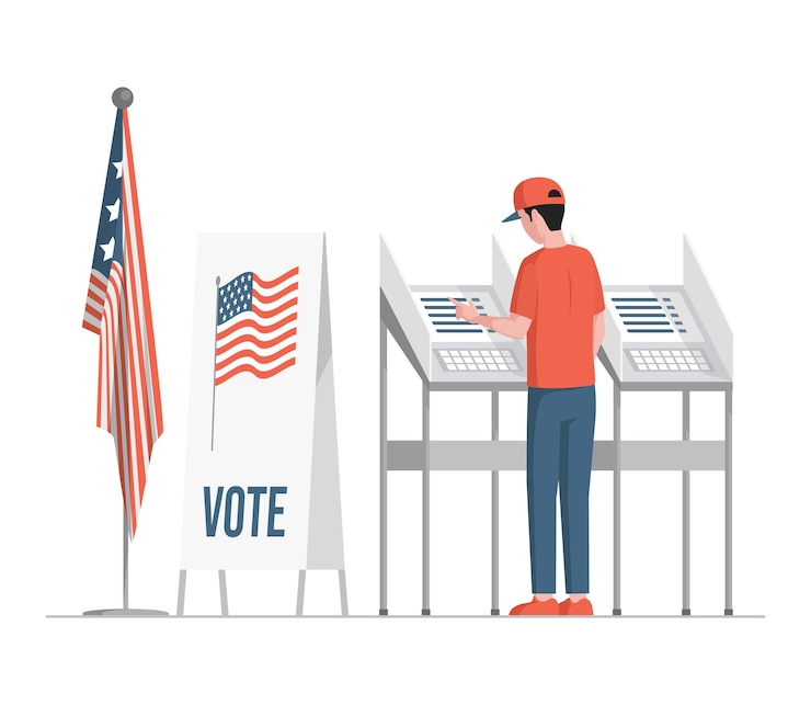Vector man standing near voting stands, fill casting ballots, voting, and choosing candidates   illustration.