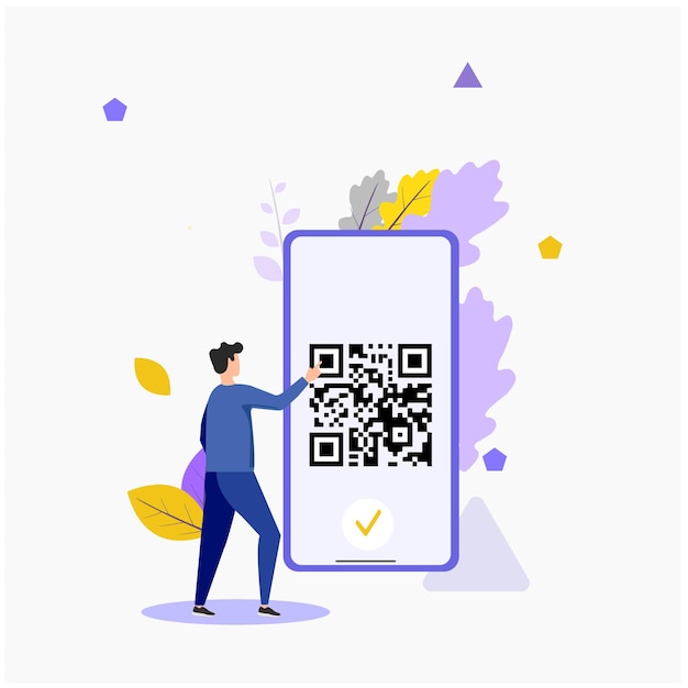 Man standing in phone and touching screen with QR barcode Concept of Quick Response Code