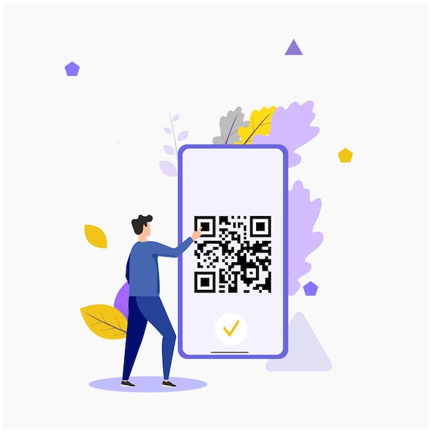 Vettore uomo in piedi nel telefono e toccando lo schermo con codice a barre qr concetto di codice di risposta rapida