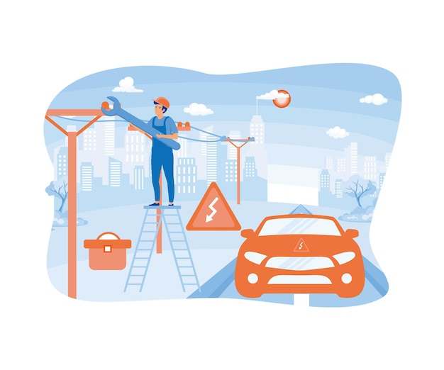 電気を修理する車の近くの階段に立っている男フラットベクトル現代のイラスト