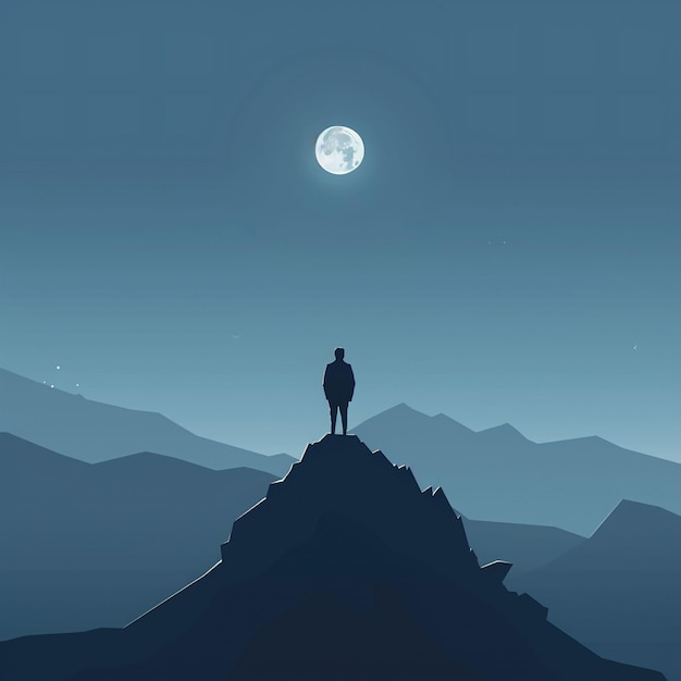 Vector a man standing on top of a mountain under a full moon