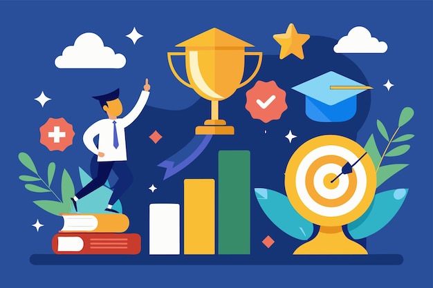 Vector a man standing triumphantly on top of a stack of books next to a trophy goal achievement career promotion school graduation trending simple and minimalist flat vector illustration