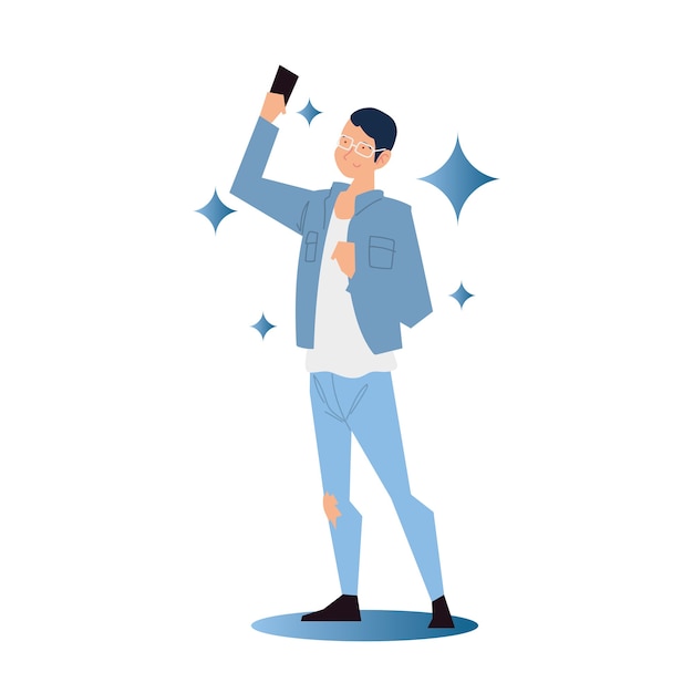 Man standing using smartphone taking selfie illustration