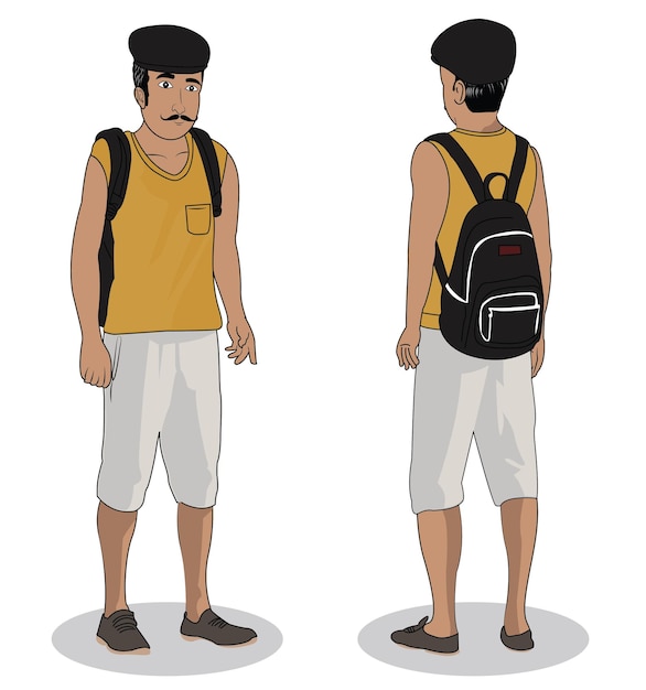 Vector a man standing with a backpack cartoon character design