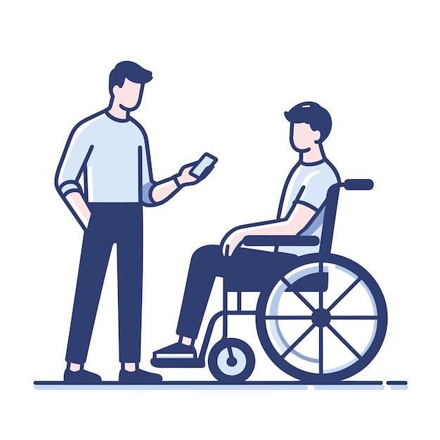 Вектор Человек, стоящий с смартфоном, помогающий человеку в инвалидной коляске, дружелюбная помощь инвалидам, помощь в уходе, концепция векторной иллюстрации