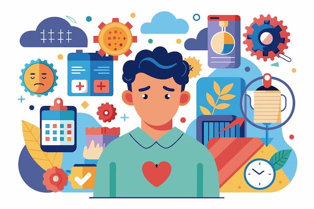 Vector a man stands amidst a clutter of different objects around him creating a sense of chaos and disarray mental health customizable disproportionate illustration