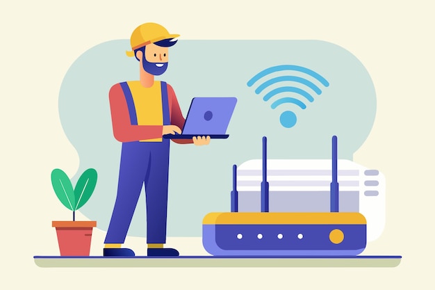 Мужчина стоит у ноутбука перед маршрутизатором, проверяя подключение Wi-Fi работник проверяет маршрутизатор Wi-Fi Простая и минималистичная плоская векторная иллюстрация