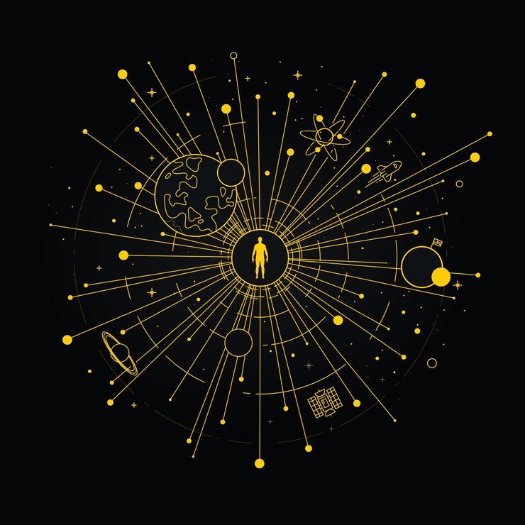 Vector man stands in the center of the universe, allegedly demonstrating his greatness and power. the unive