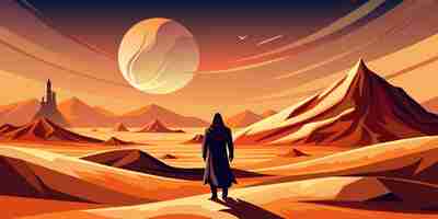 Vector a man stands in the desert with mountains in the background