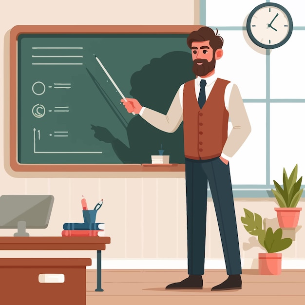 Vector a man stands in front of a blackboard with a man in a tie and a clock