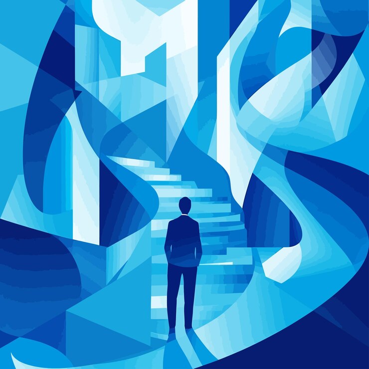 Vector a man stands in front of a blue and blue abstract background