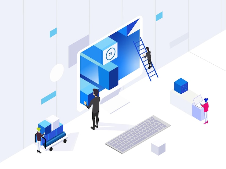 Vector a man stands in front of a blue cube with a man standing on it