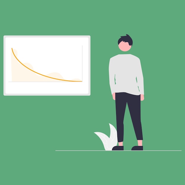 男性は、下向きの矢印のグラフを示すチャートの前に立っています。