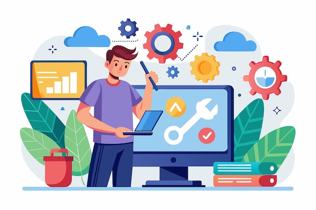 a man stands in front of a computer screen attentively observing and possibly working on it it support is fixing software errors simple and minimalist flat vector illustration