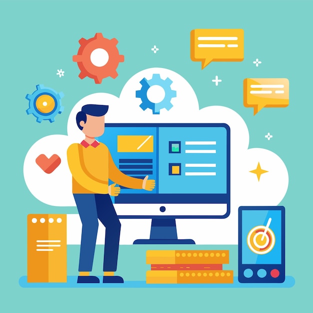 a man stands in front of a computer screen focused on installing software installing computer software simple and minimalist flat vector illustration