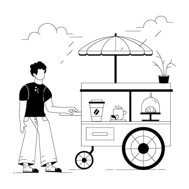 a man stands in front of a food cart that says  the word  on it