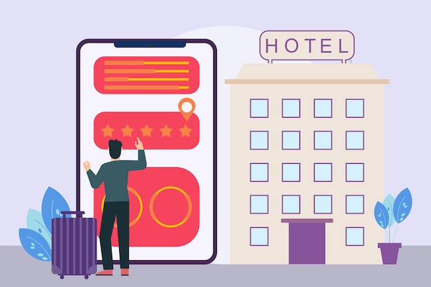 Un uomo si trova di fronte a un hotel con un telefono che dice hotel sullo schermo.