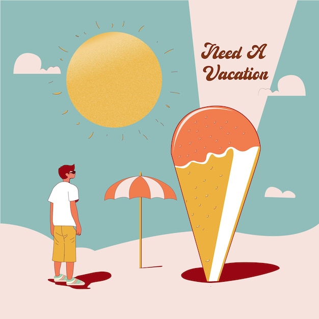 A man stands in front of an ice cream cone that says piccad a vacation.