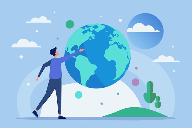 Vector a man stands in front of a large globe appearing contemplative contact business on the world concept simple and minimalist flat vector illustration