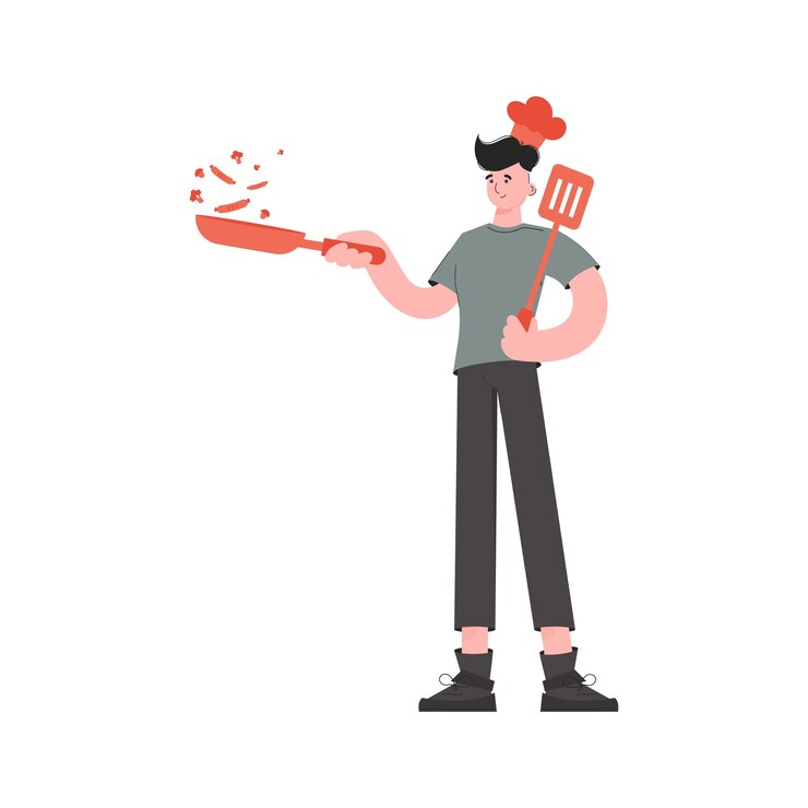 Vector a man stands in full growth holding a frying pan and a spatula isolated element for presentations sites