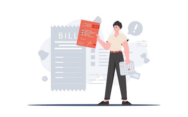 Vector a man stands in full growth is engaged in the calculation of taxes payment of taxes presentation element vector illustration