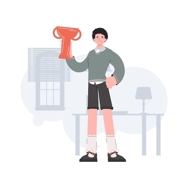 A man stands in full growth with a goblet Victory Element for presentations sites