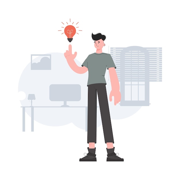 A man stands in full growth with a light bulb Idea Element for presentations sites