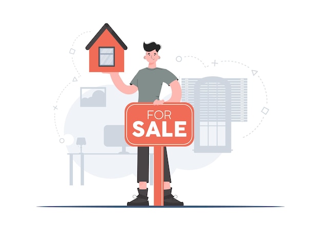 Vector a man stands in full growth with a sale sign next to the house realtor flat style element for presentations sites vector illustration