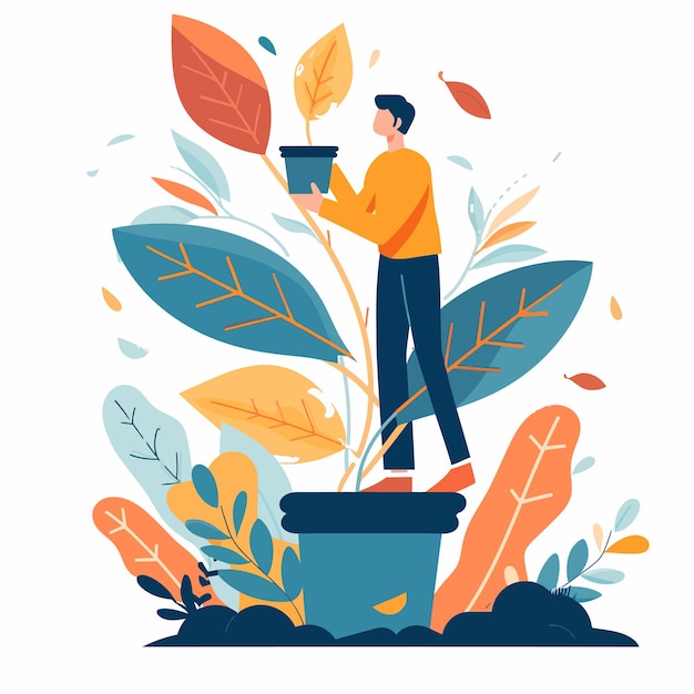 Vector a man stands in a garden with a pot of leaves and a picture of a man holding a flower