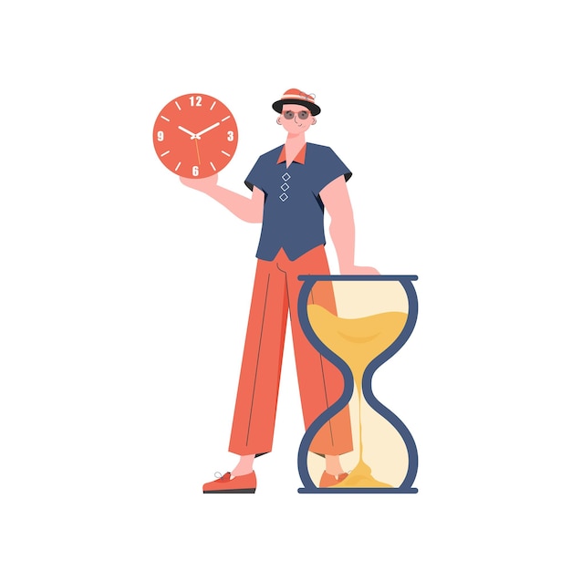 A man stands to his full height next to an hourglass Isolated Element for presentation Vector illustration