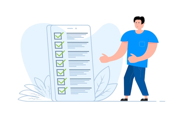 Vettore un uomo si trova vicino allo smartphone sull'app dell'elenco di controllo dello schermo modulo di domanda dell'elenco di controllo del sondaggio