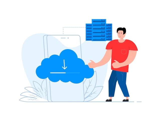 Vettore un uomo si trova vicino allo smartphone sul file dello schermo con l'icona di download download del documento