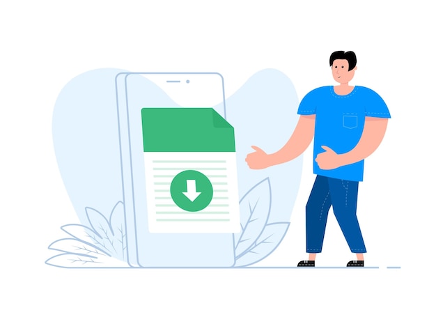 A man stands near the smartphone on the screen file with download icon Document downloading